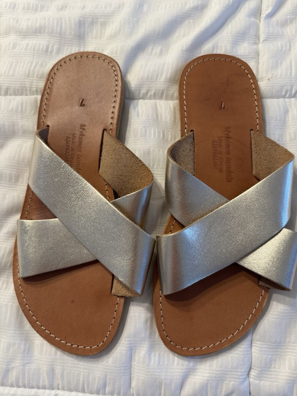 Mykonos Handmade Greek Leather Sandals Metallic Silver Straps Women's Size 7